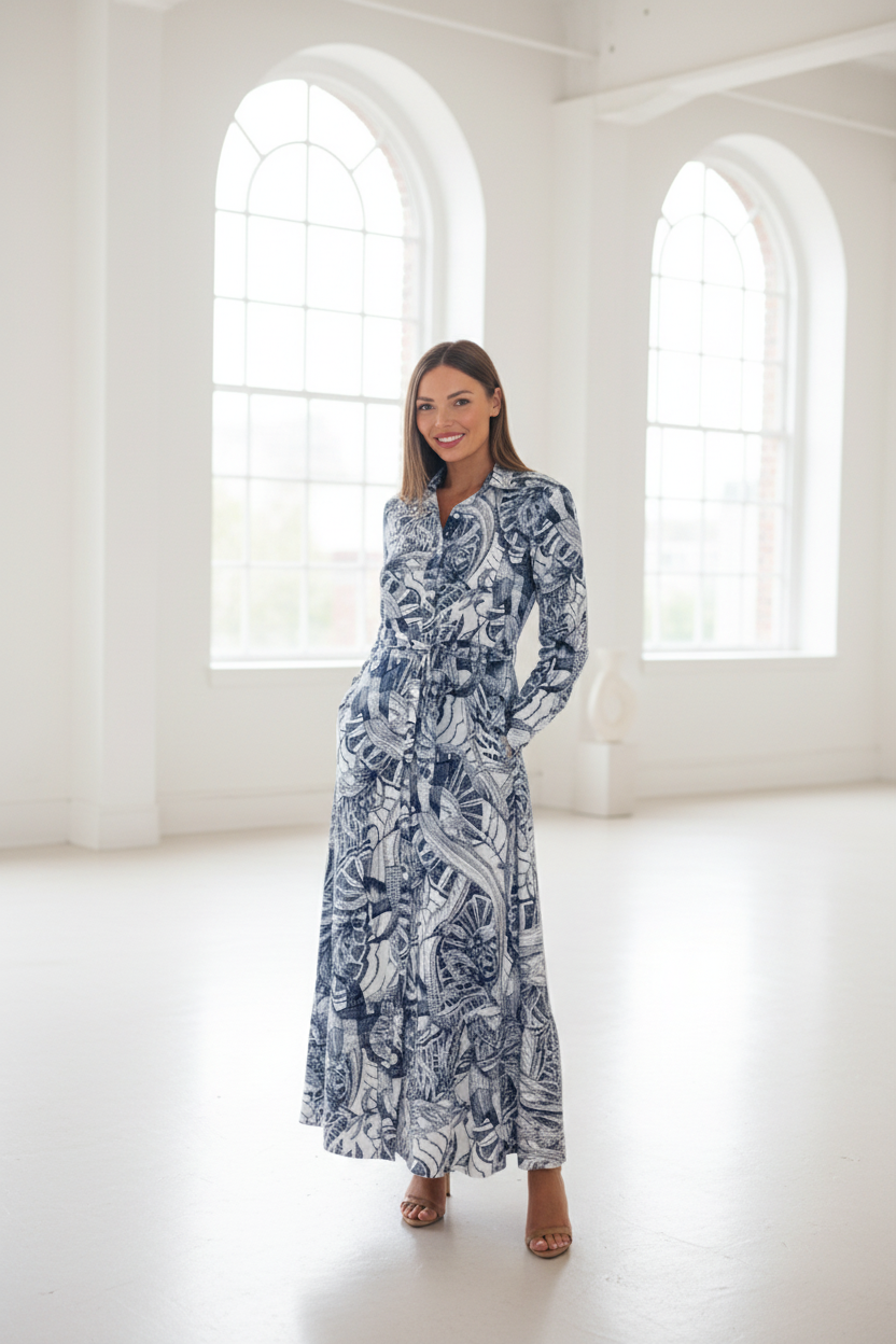 Chelsea Navy and White Multi Print Shirt Dress