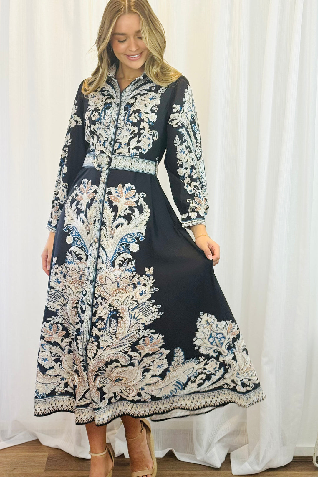 Lopez Embroidered Print Maxi Dress in Black