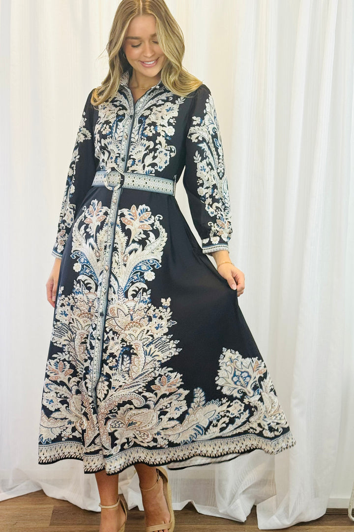 Lopez Embroidered Print Maxi Dress in Black
