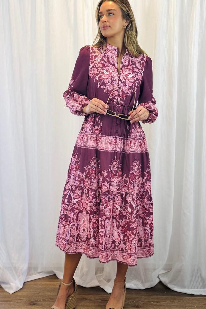 Sabrina Midi Multi Print Dress in Pink and Claret