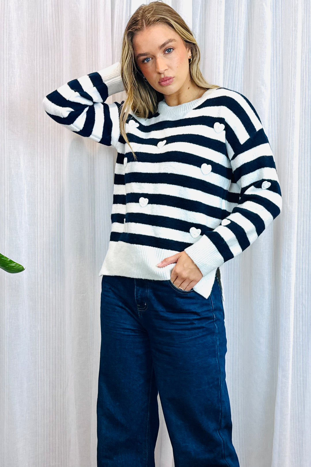 India Navy Stripe Knit With Love Hearts