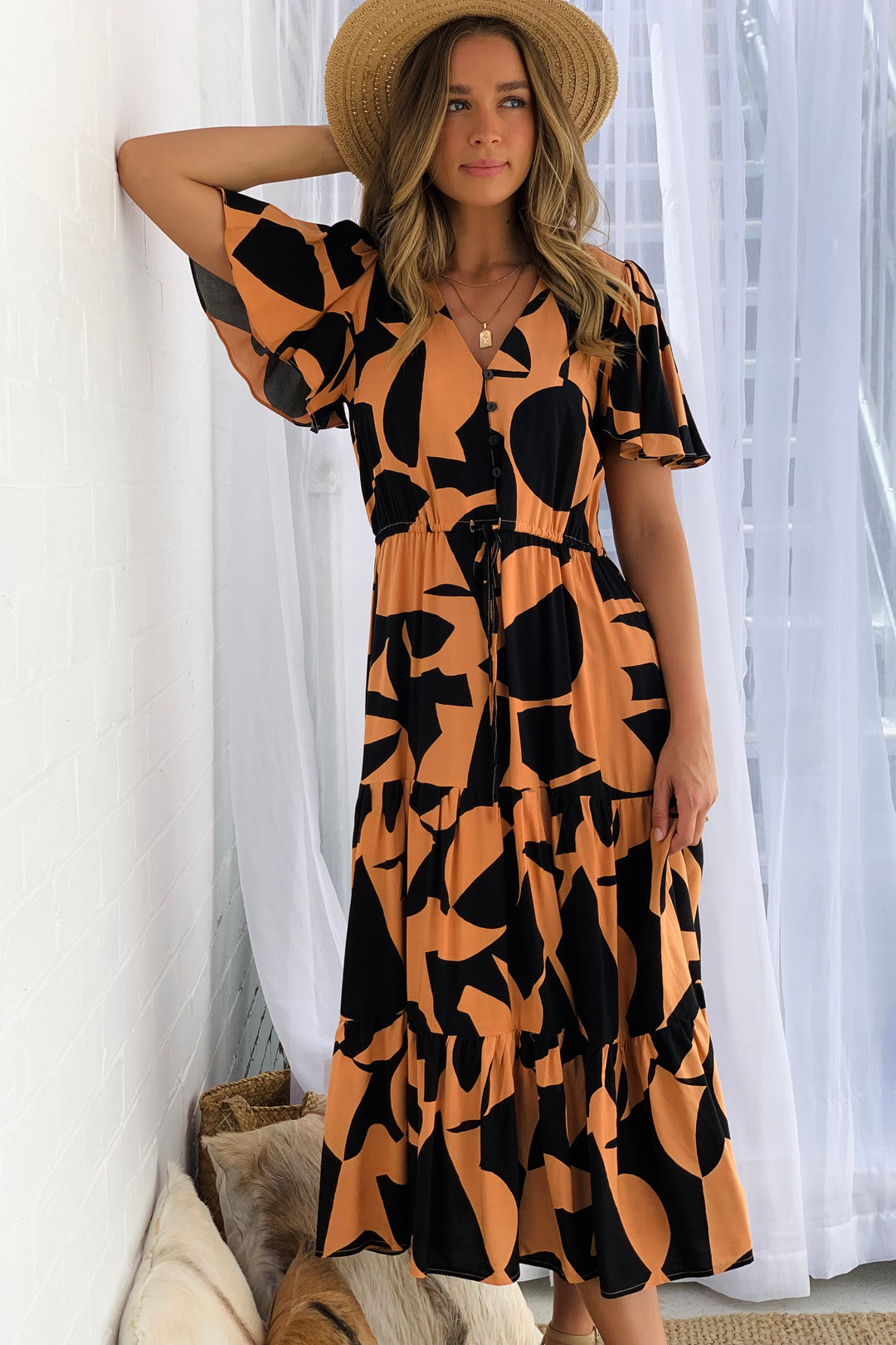 Santorini  Short Sleeve Midi Dress in Orange and Black Print