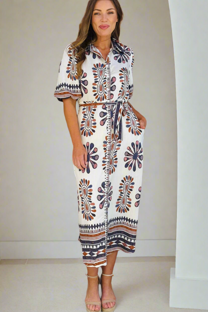 Campbell Midi Shirt Dress in Off White and Navy Print