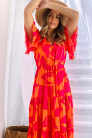 Santorini Midi Dress  in Orange and Hot Pink