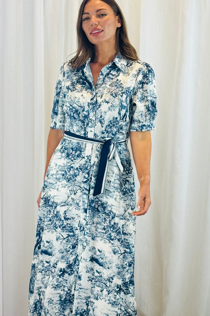 April Blue and Off White Multi Print Short Sleeve Dress