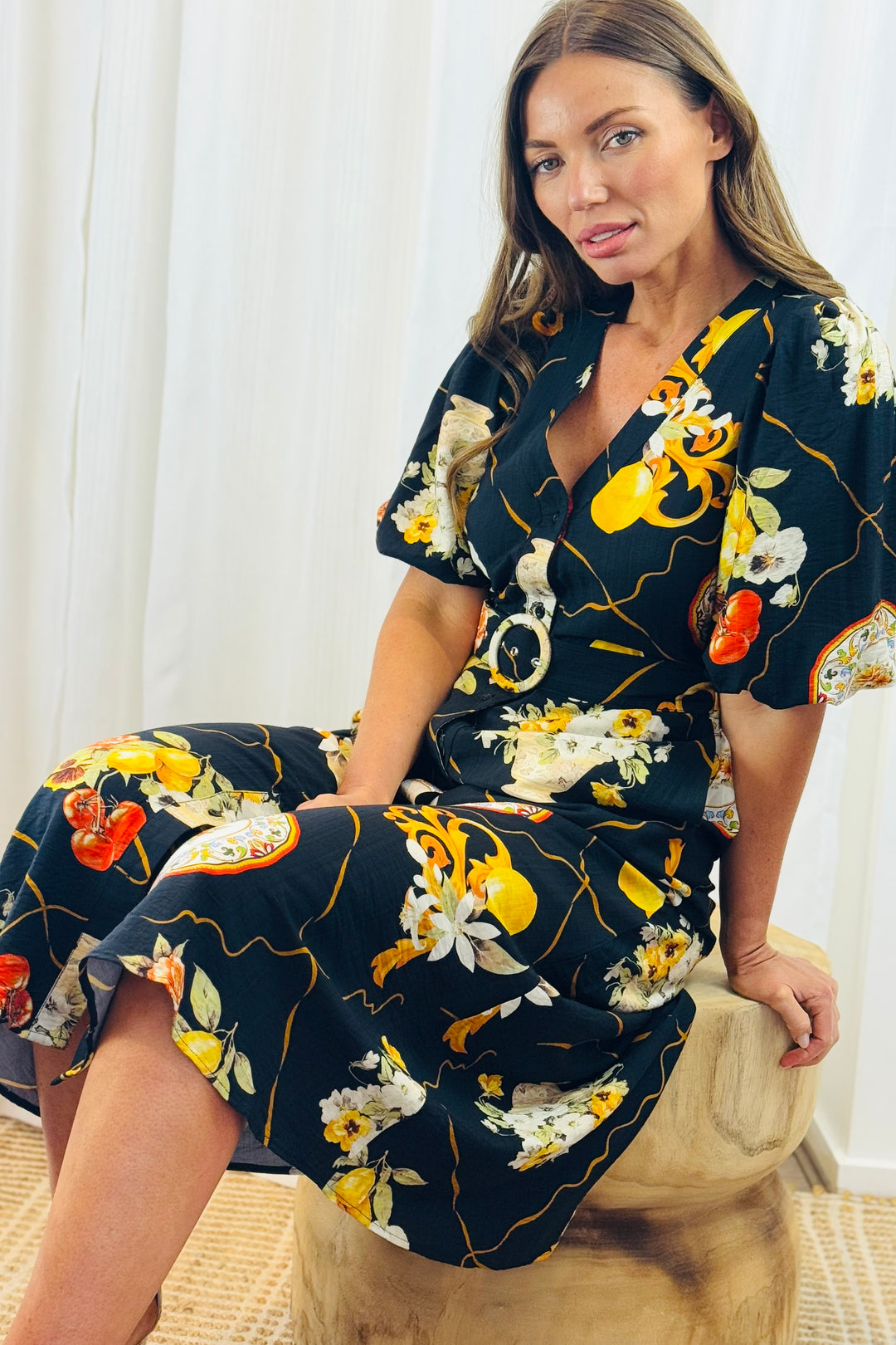Giulia Lemon Print Dress in Black