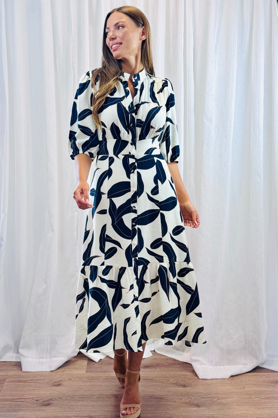 Ivy Dress in Navy and Off White  Multi Print