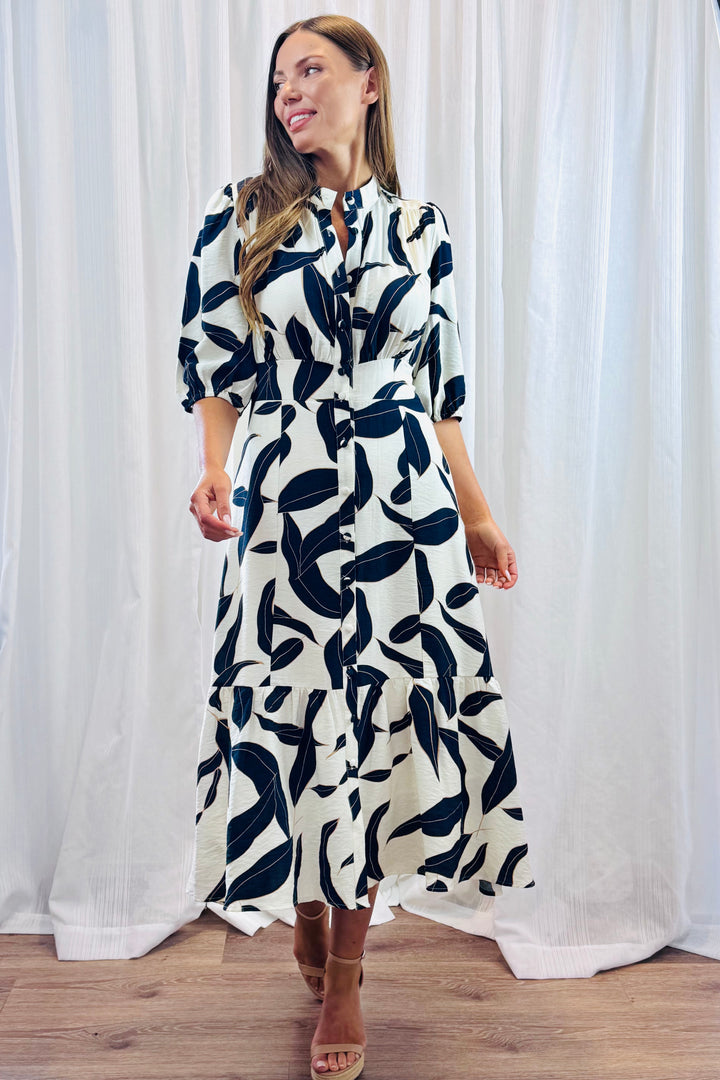 Ivy Dress in Navy and Off White  Multi Print
