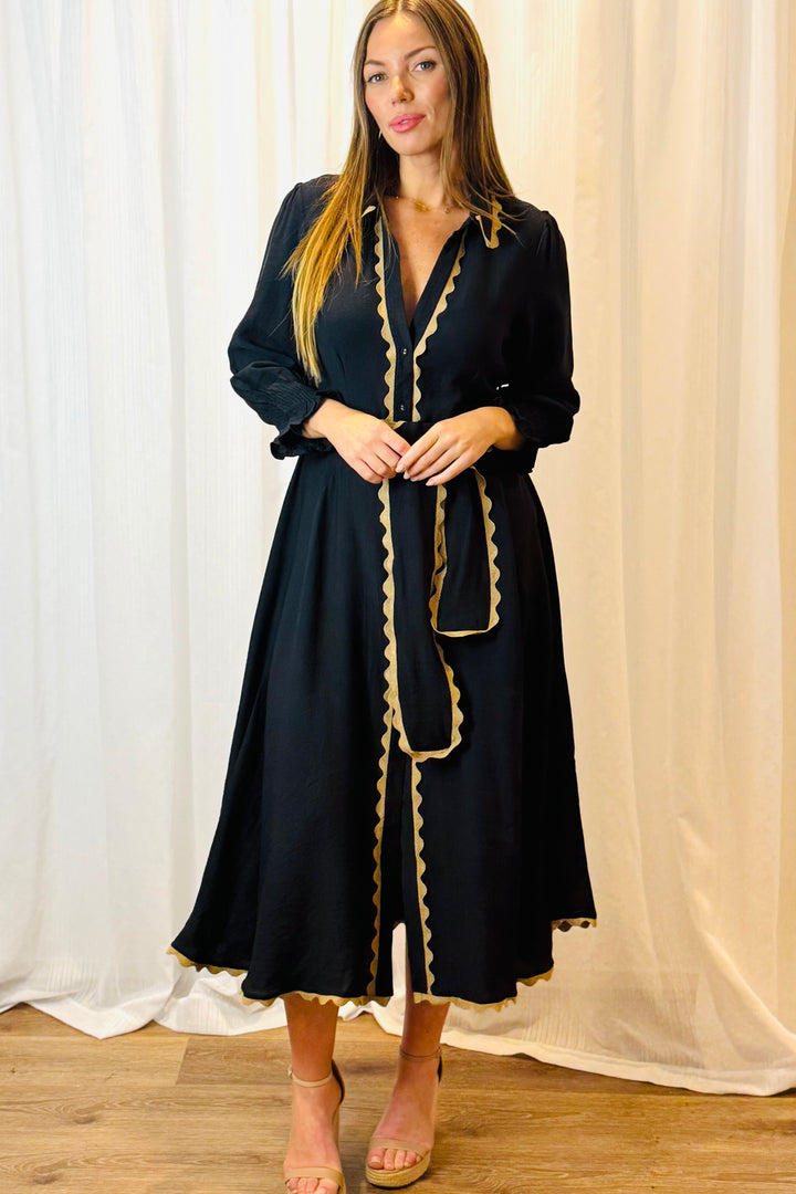 Shyla Midi Dress In Black With Tan Detail