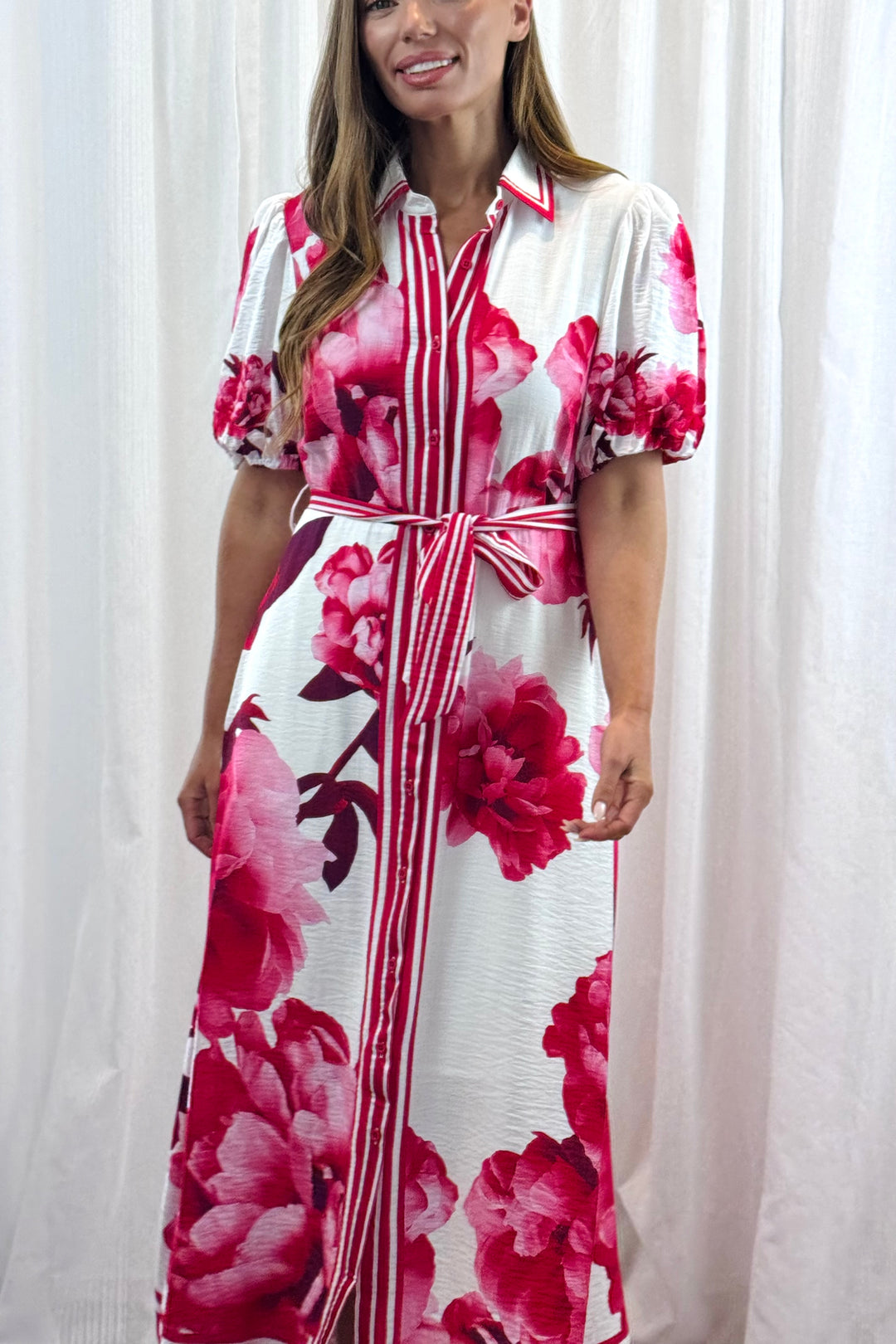 Natalia Maxi Dress in White Red and Pink Print
