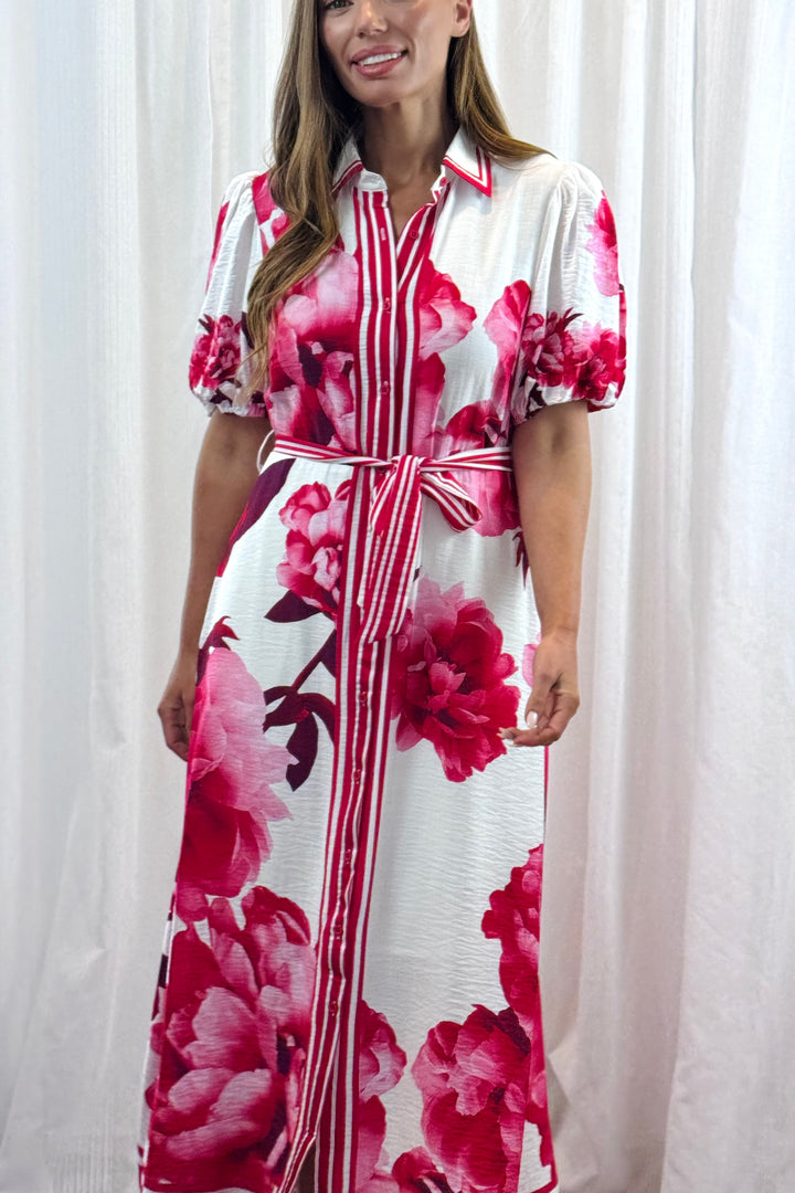 Natalia Maxi Dress in White Red and Pink Print