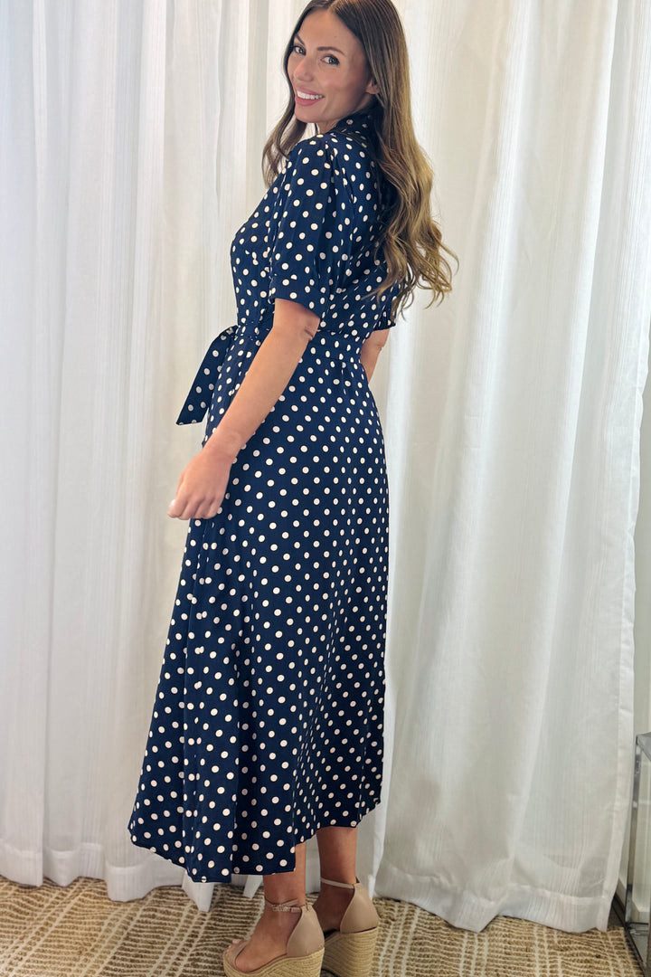 Tamika Spot Dress In Navy And Beige