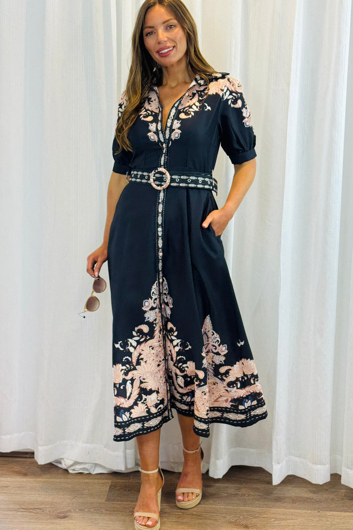 Georgia Black Maxi Dress With Embroidered Print
