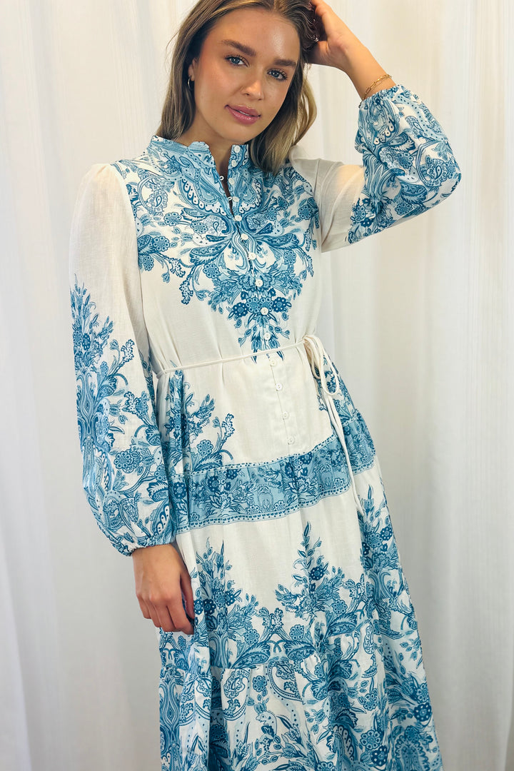 Sabrina Off White and Blue Print Midi Dress