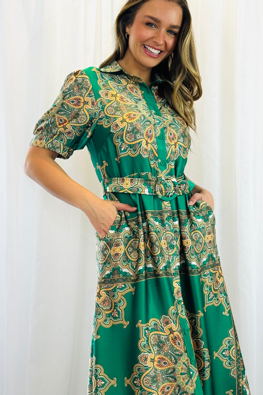 Angelina Embroidered Print Dress in Green