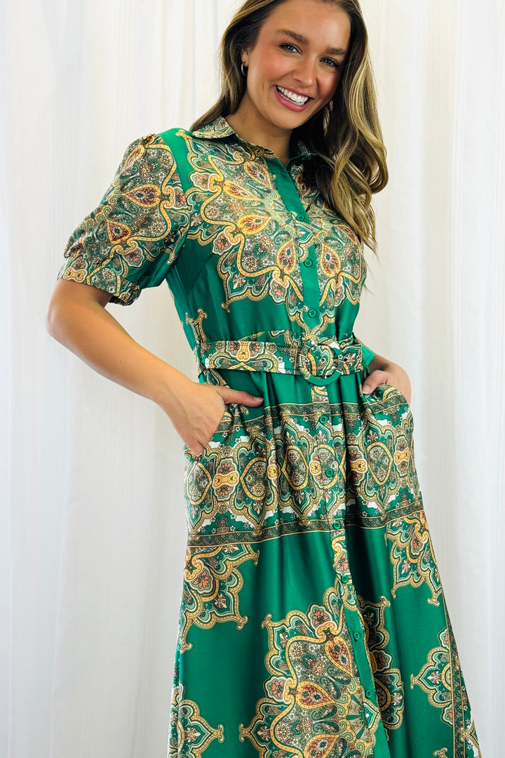 Angelina Embroidered Print Dress in Green