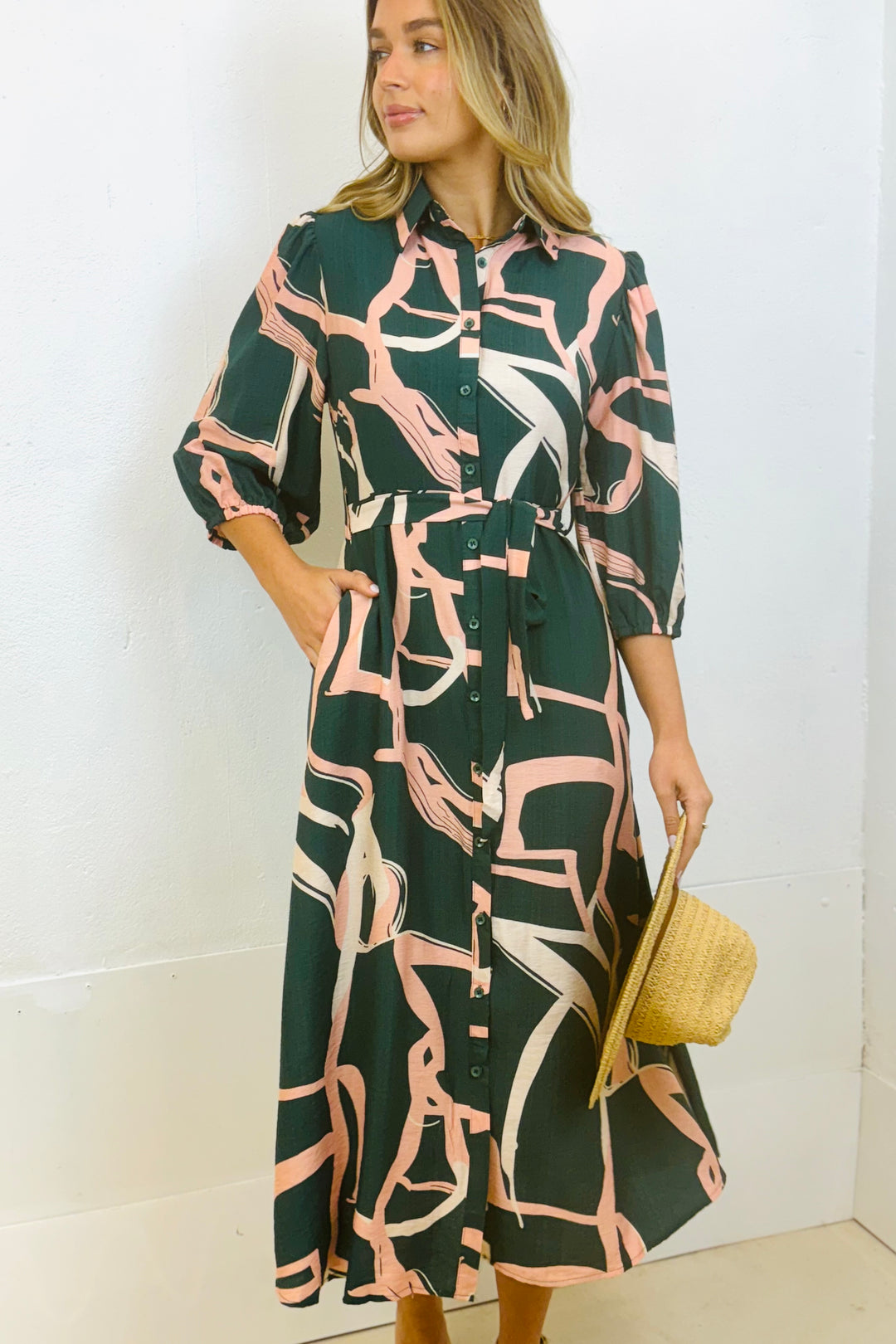 Marlow Midi Shirt Dress in Green and Pink Print