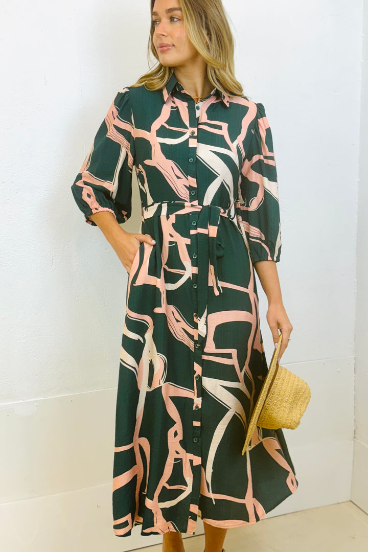 Marlow Midi Shirt Dress in Green and Pink Print