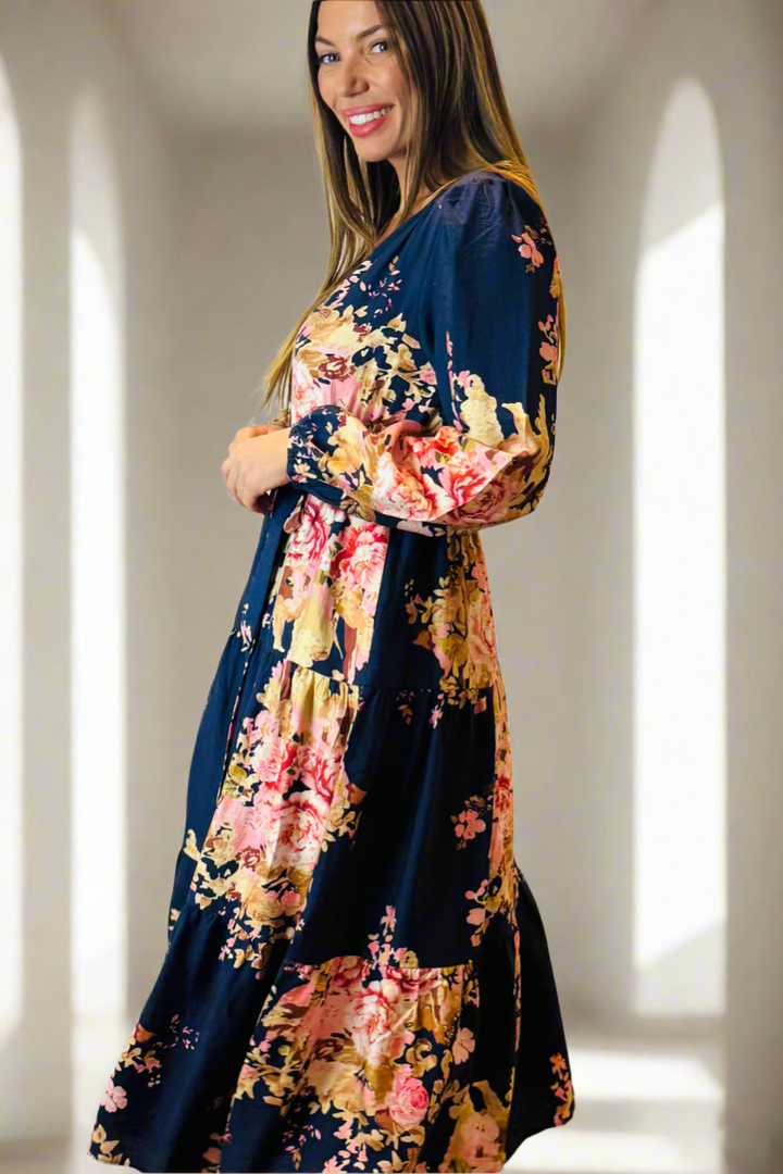Zara Navy Floral Long Sleeve Dress