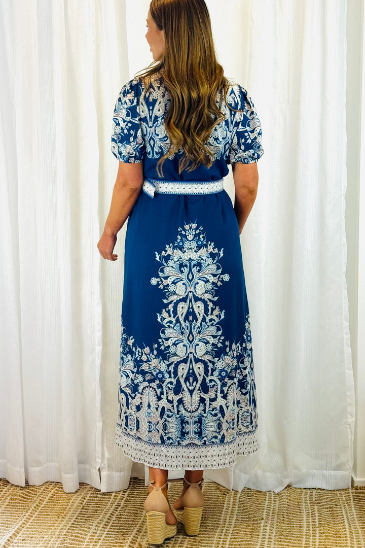 Lopez Embroidered Print Shirt Dress  In Navy