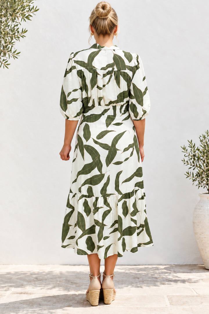 Ivy Dress in Green and Off White Print