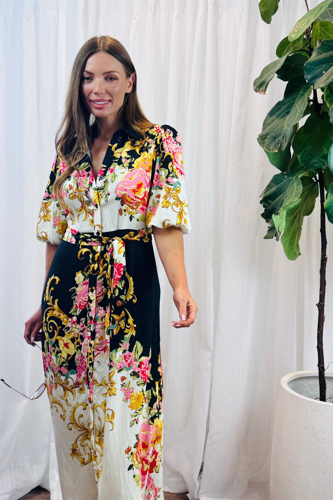 Leila Shirt Dress in Black Multi Print