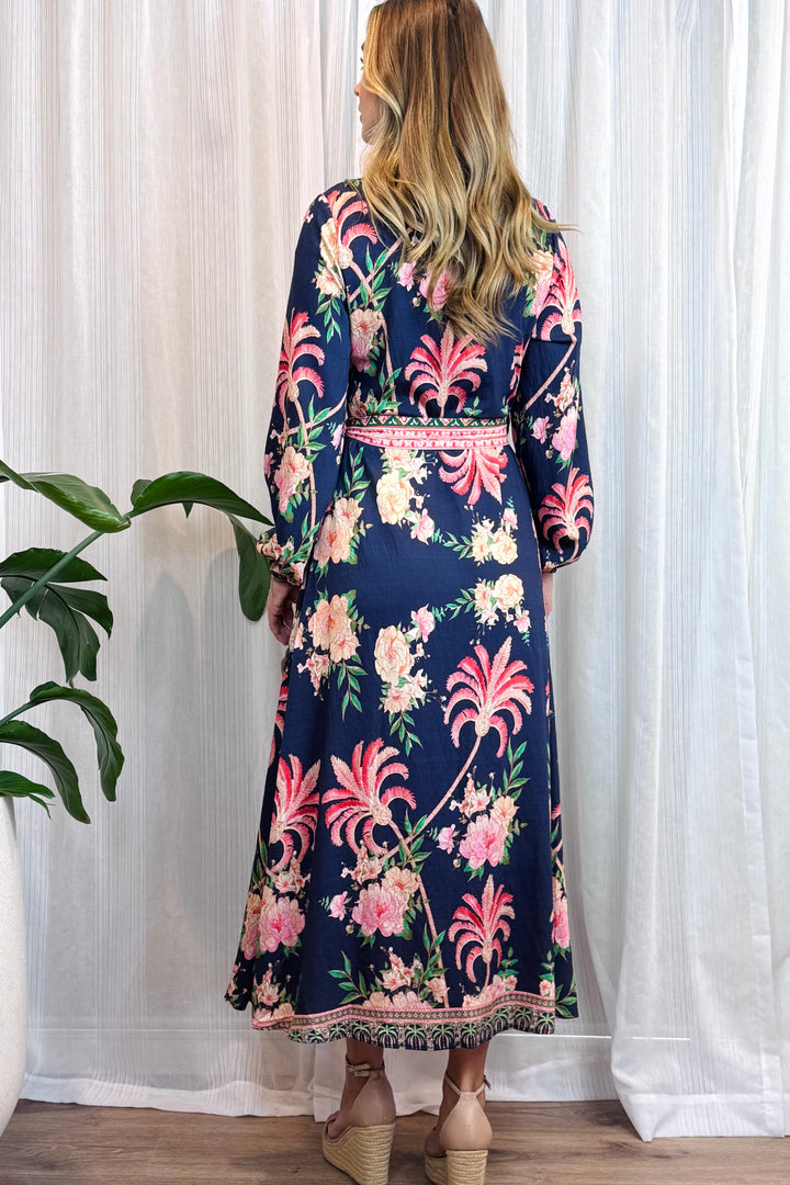Maddison Long Sleeve Maxi Dress in Navy Print