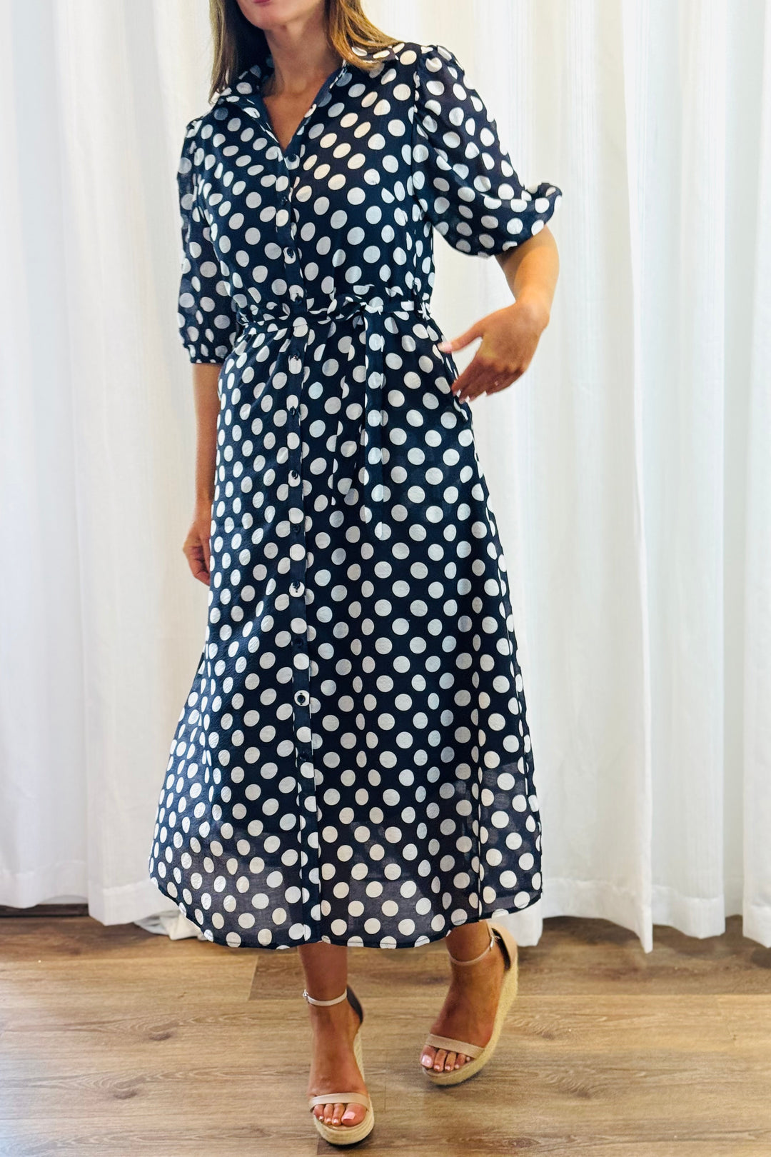 Fallon Shirt Dress In Navy and White Polka Dot-New Print
