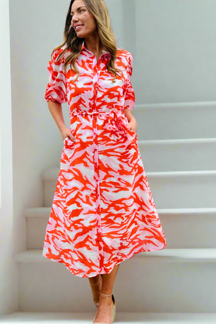 Fallon Orange, Pink and White  Print Midi Shirt Dress