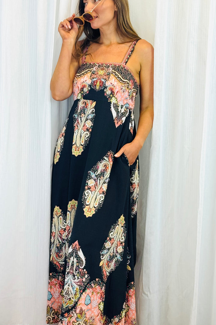 Positano Maxi in Black With Embroidery Multi Print