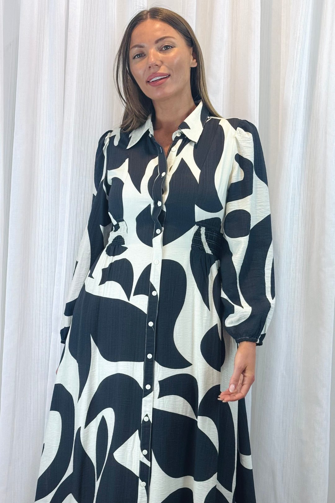 Tonia Shirt Dress in Black and Off White Multi Print