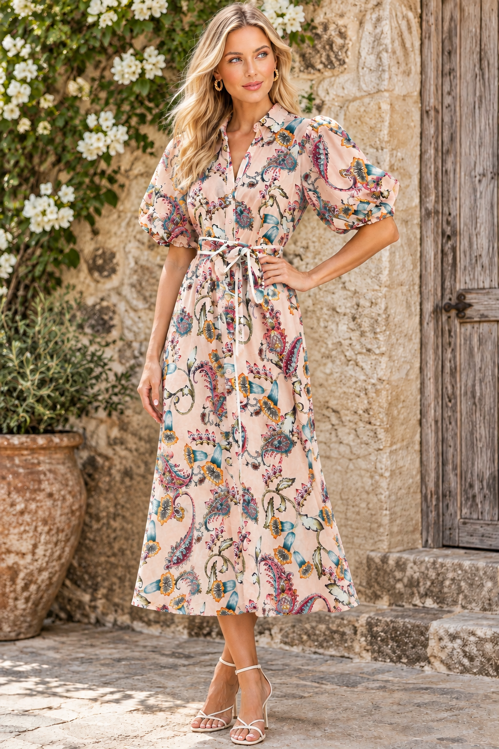 Leah Salmon Paisley Print Dress