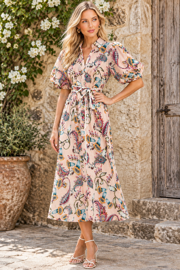 Leah Salmon Paisley Print Dress
