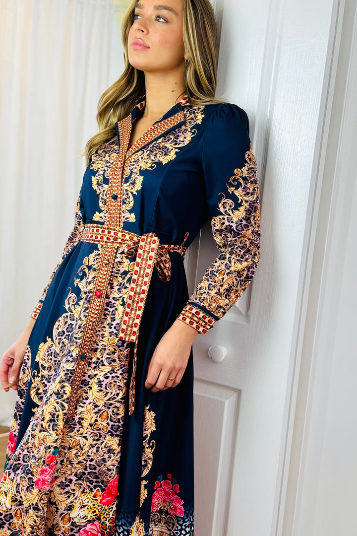 Catalina Navy Embroidered Print Maxi Dress