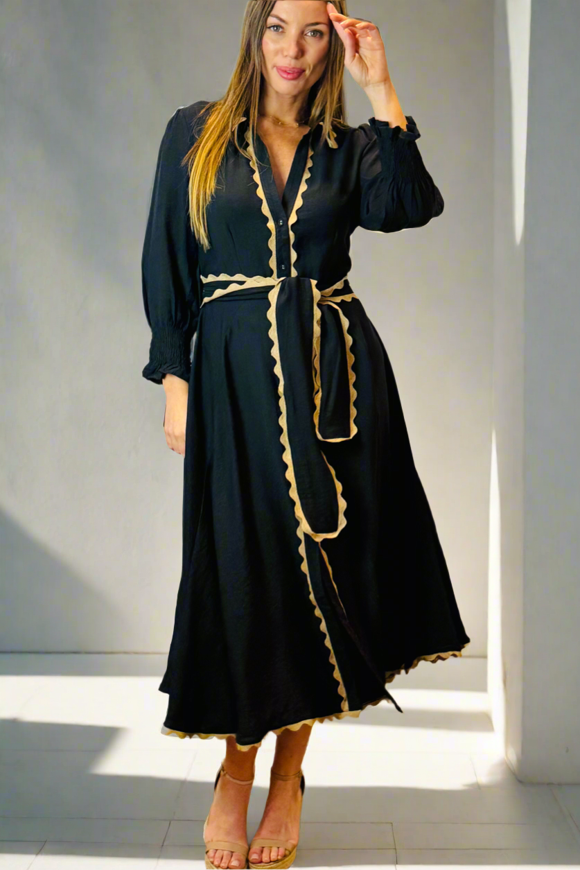 Shyla Midi Dress In Black With Tan Detail