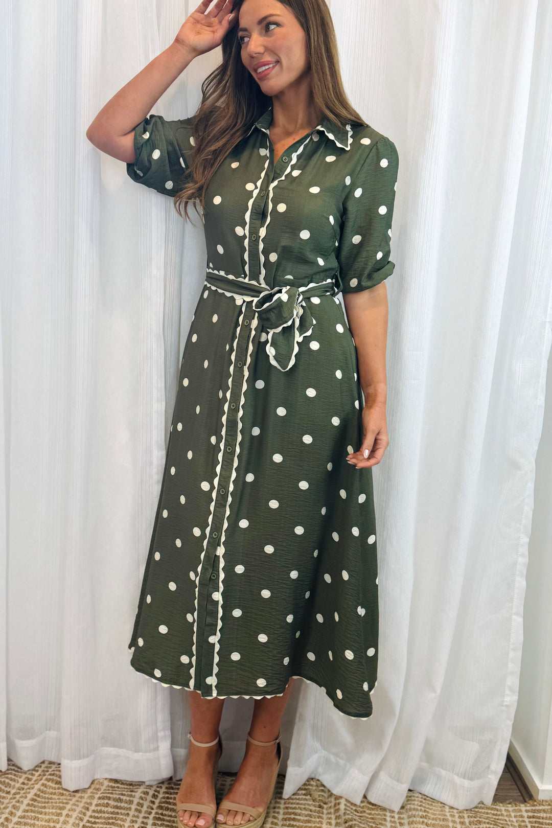 Shyla Polka Dot Dress in Khaki