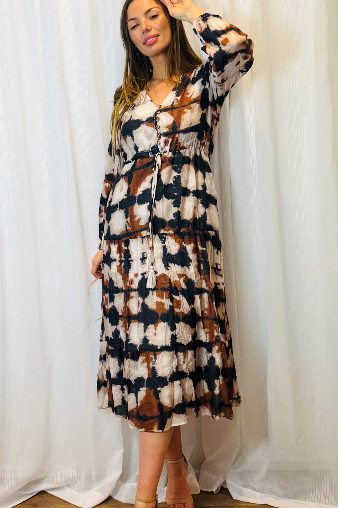 Macey Black and Beige Multi Print Dress