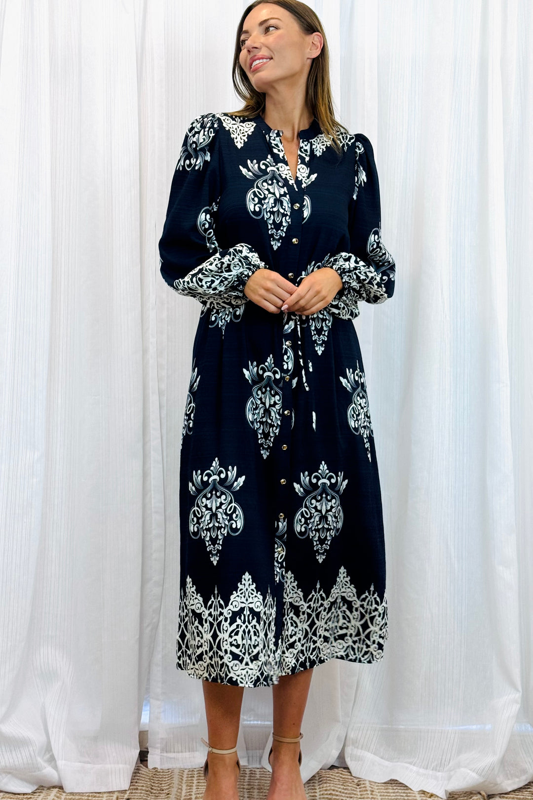 Mina Black Multi Print Dress With Off White Print