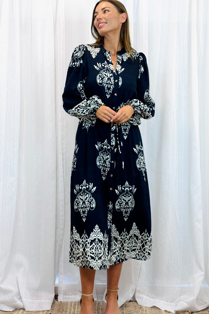 Mina Black Multi Print Dress With Off White Print