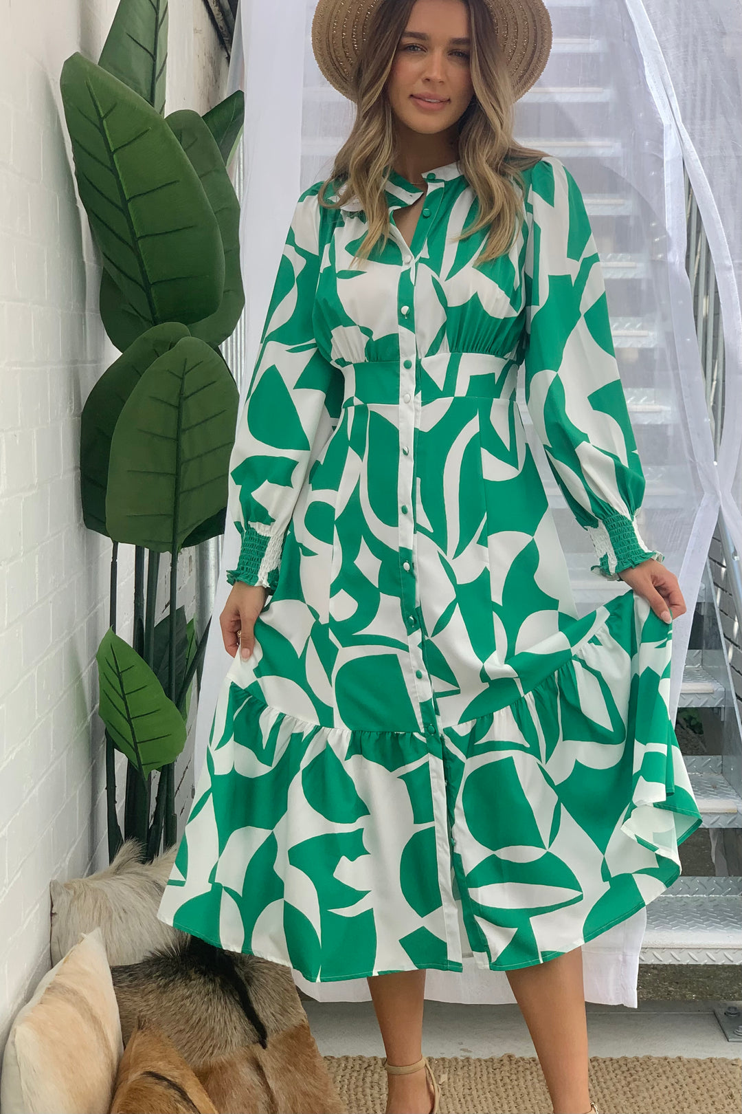 Paige Midi Dress in Green and White Print