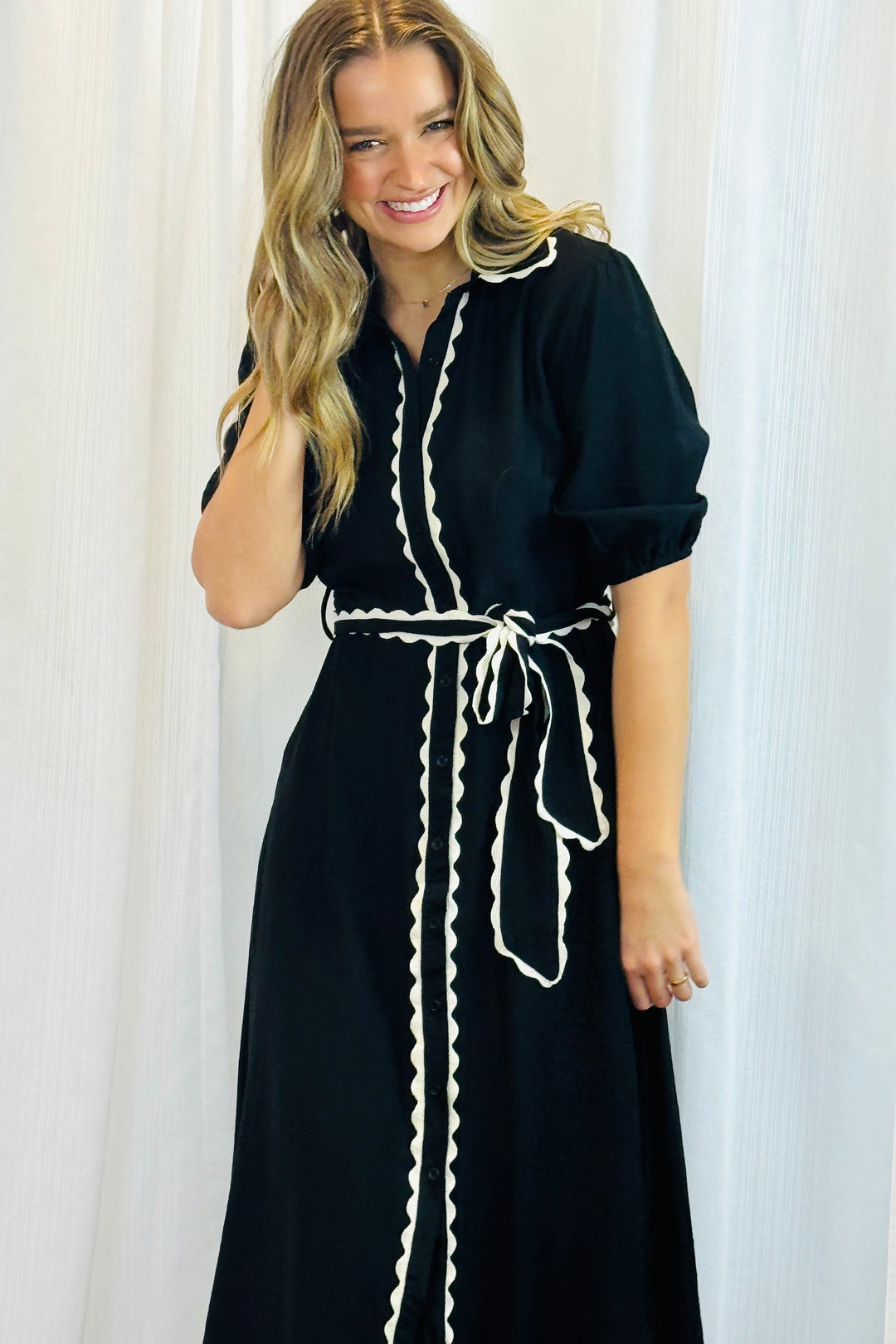 Shyla Shirt Dress in Black With White Trim