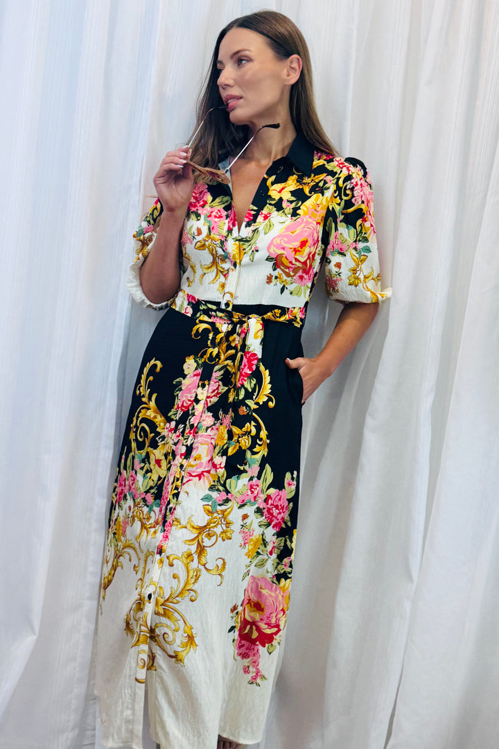 Leila Shirt Dress in Black Multi Print