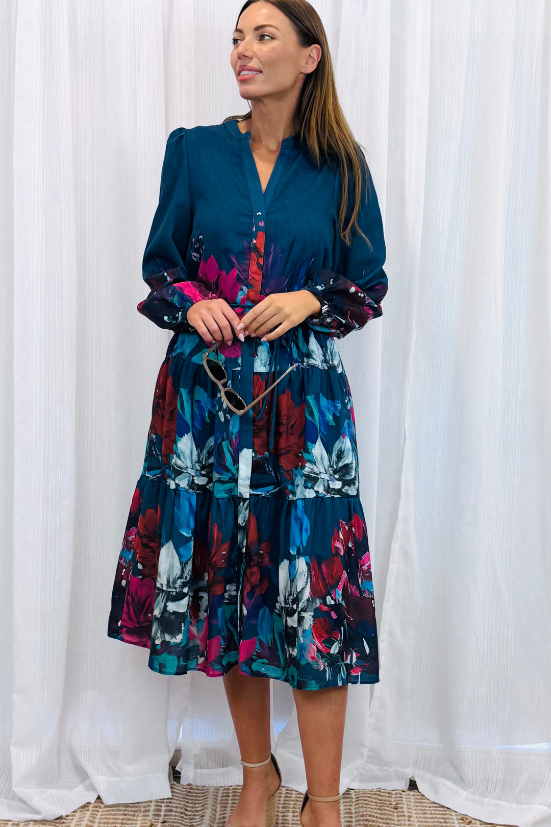 Messina Navy Multi Print Midi Dress