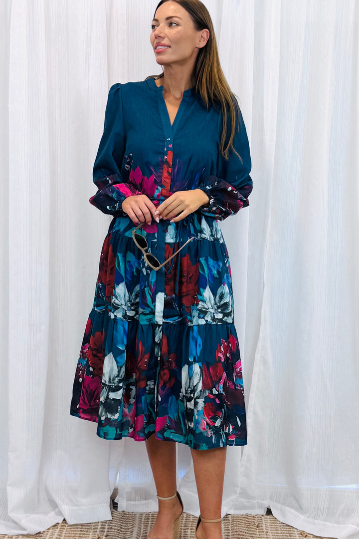 Messina Navy Multi Print Midi Dress
