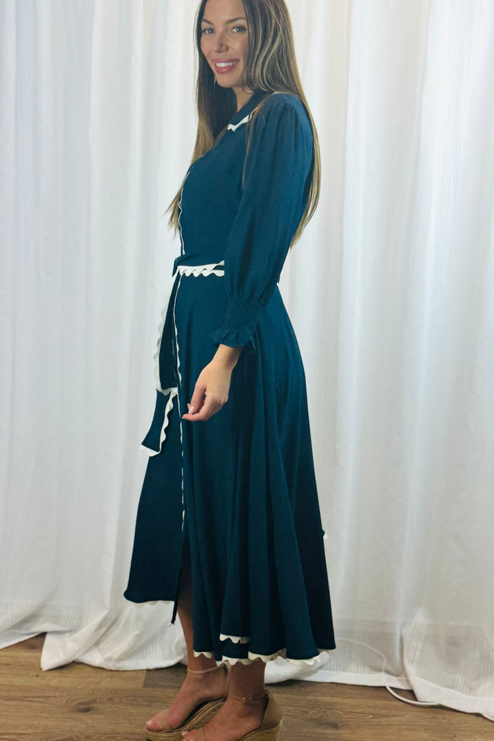 Shyla Dress in Navy with White Trimming