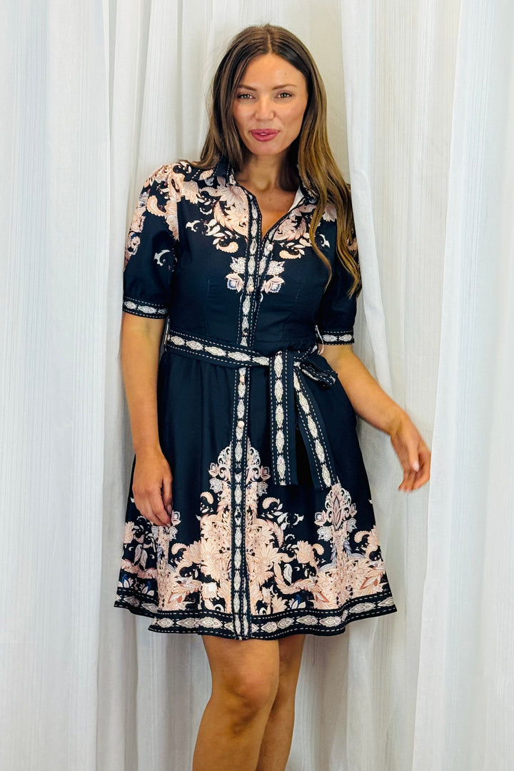 Georgia Multi Embroidered Print Dress in Black