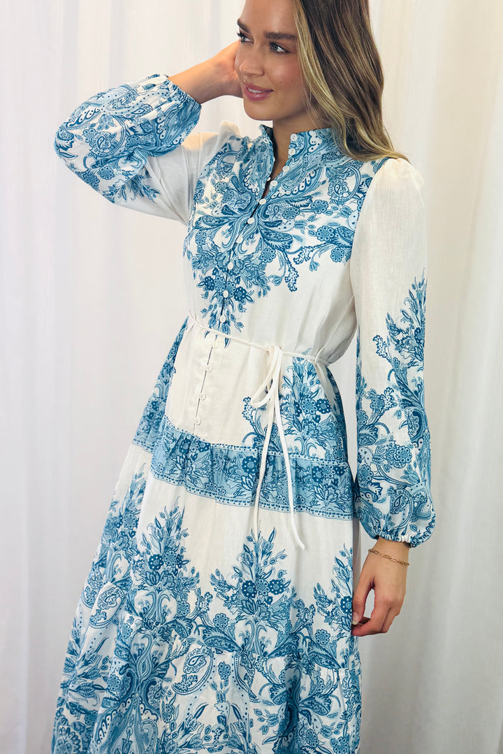 Sabrina Off White and Blue Print Midi Dress