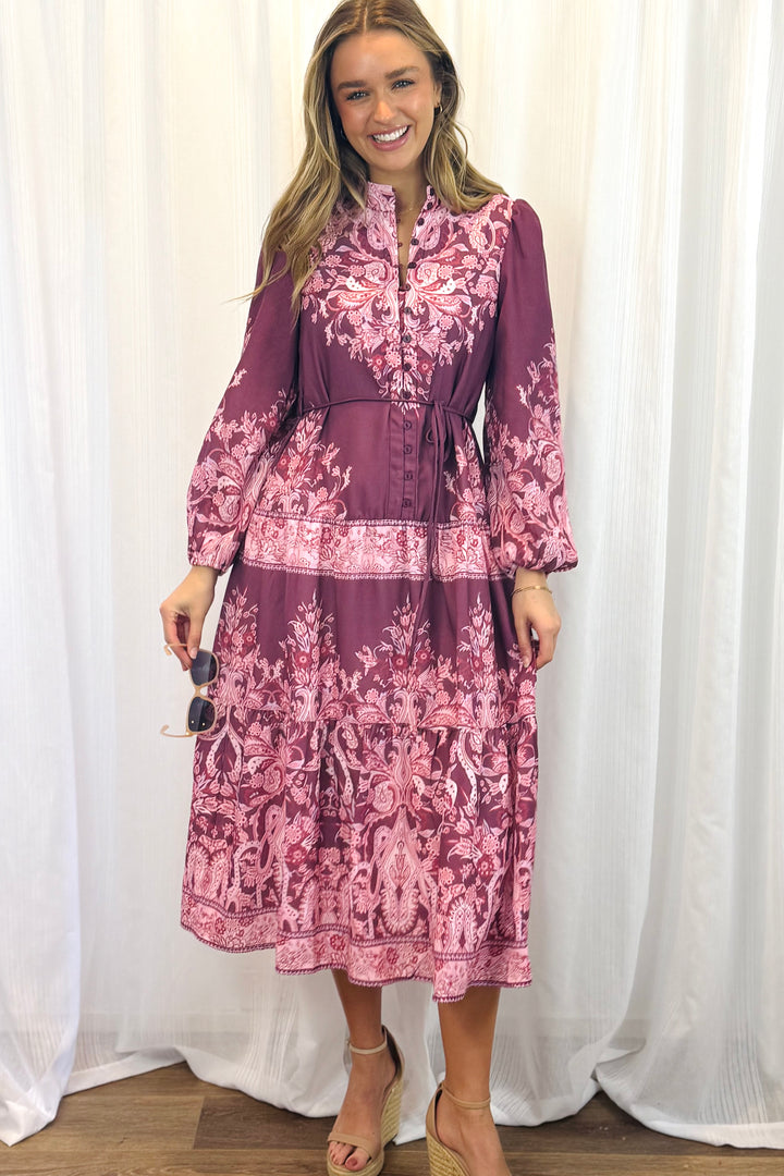 Sabrina Midi Multi Print Dress in Pink and Claret