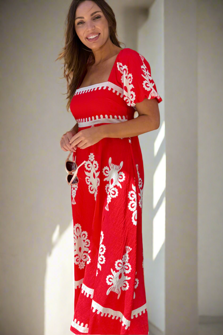 Bonnie Embroidered Print Dress in Red