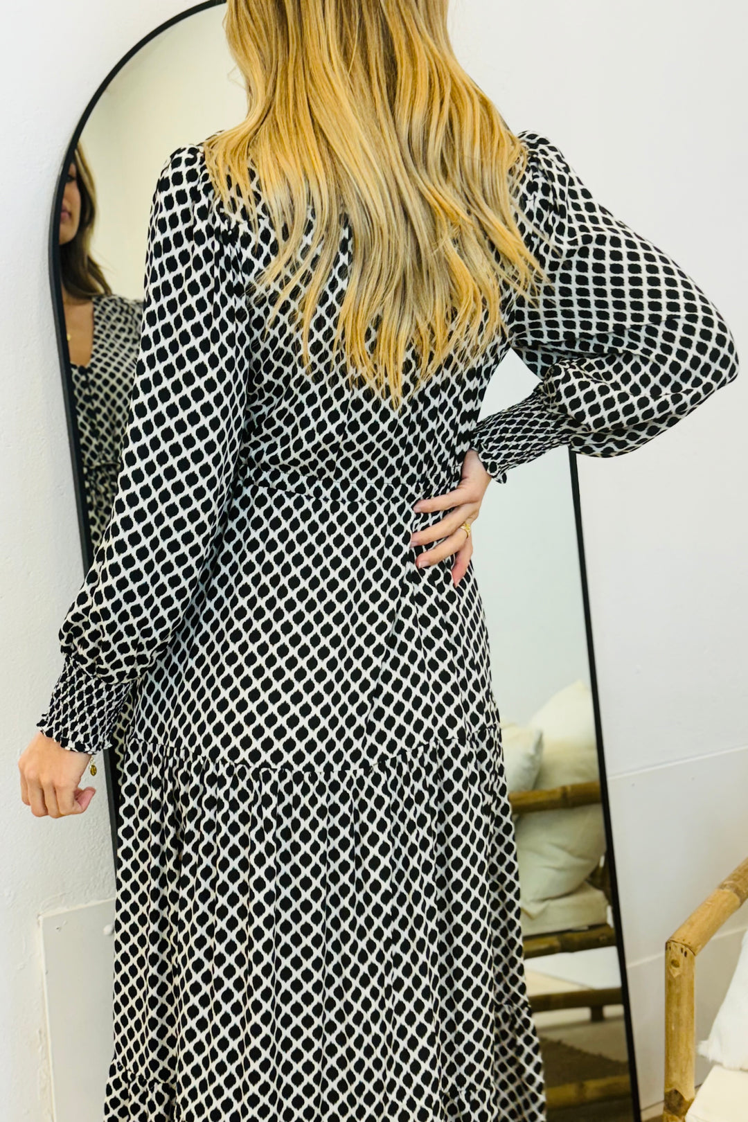 Charli Drawstring Midi Dress in Black and White Print